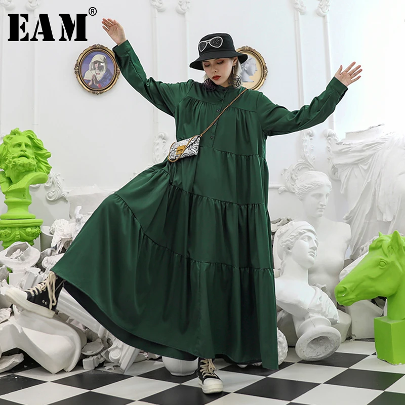 

[EAM] Women Pleated Spliced Big Hem Button Dress New Stand Neck Long Sleeve Loose Fit Fashion Tide Spring Autumn 2019 1A423