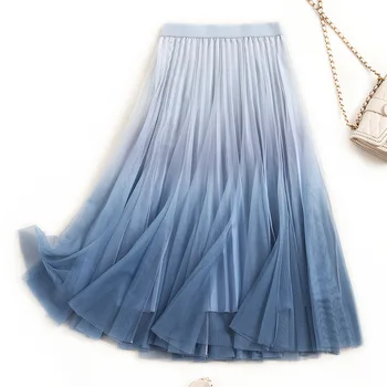 

Plus size skirt Women gradient long mesh skirt 2020 summer elastic waist pleated double layer sheer skirts pink blue green