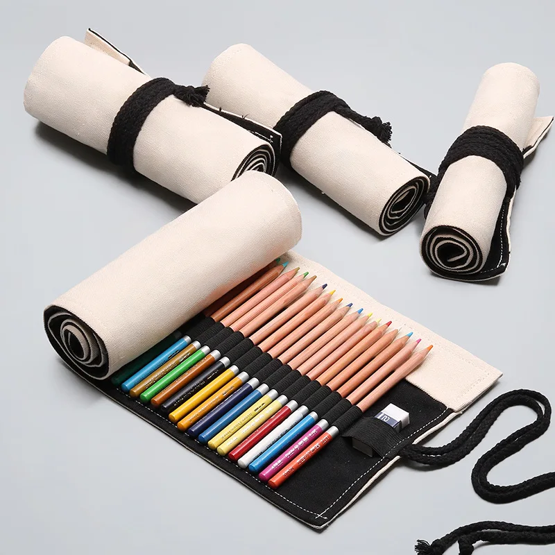 Solid color handmade canvas colored pencil curtain drawing special storage bag large capacity men's and women's roll pen bag