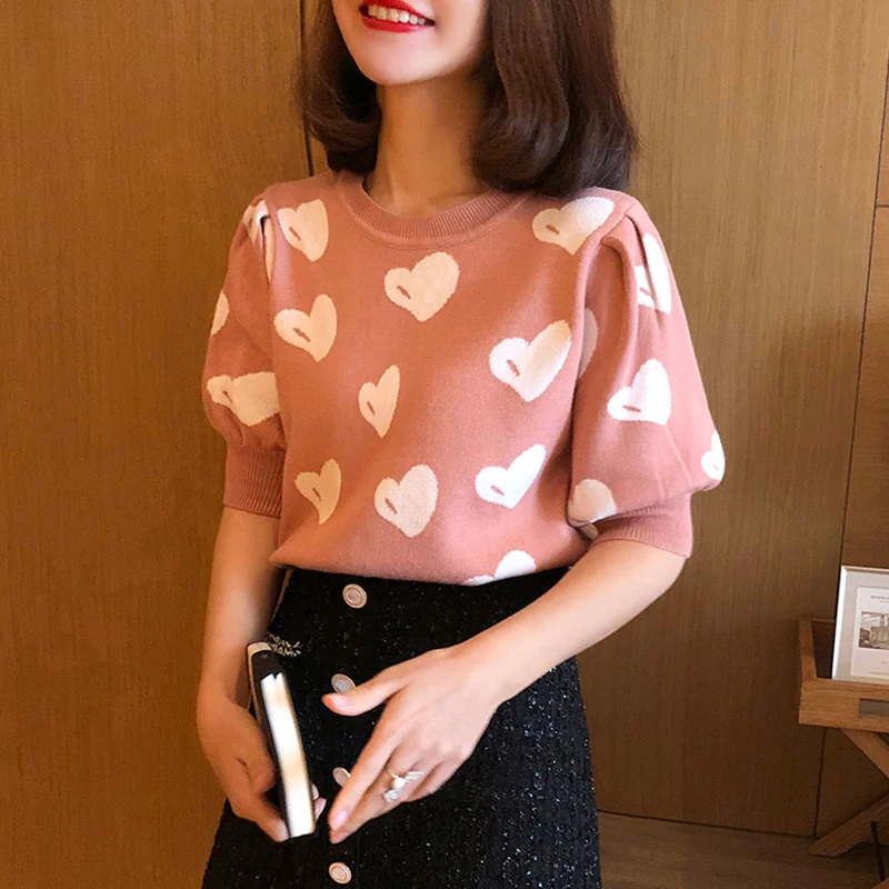 shintimes Tee Shirt Femme Hit Color Knitted T Shirts Women 2022 Summer Sweet Patchwork Puff Sleeve Tshirt Woman Vetement Femme