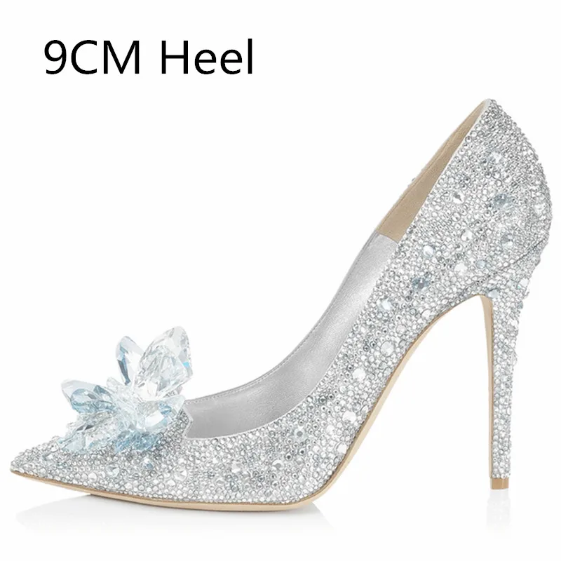 Новые стразы на высоком каблуке туфли Золушки Для женщин женские туфли-лодочки; женские туфли на плоской подошве с острым носком и с украшением в виде кристаллов обувь для вечеринки, свадебные туфли на каблуке 5 см/7 см/Ботильоны на каблуке(9 см - Цвет: White Drill-9CM Heel