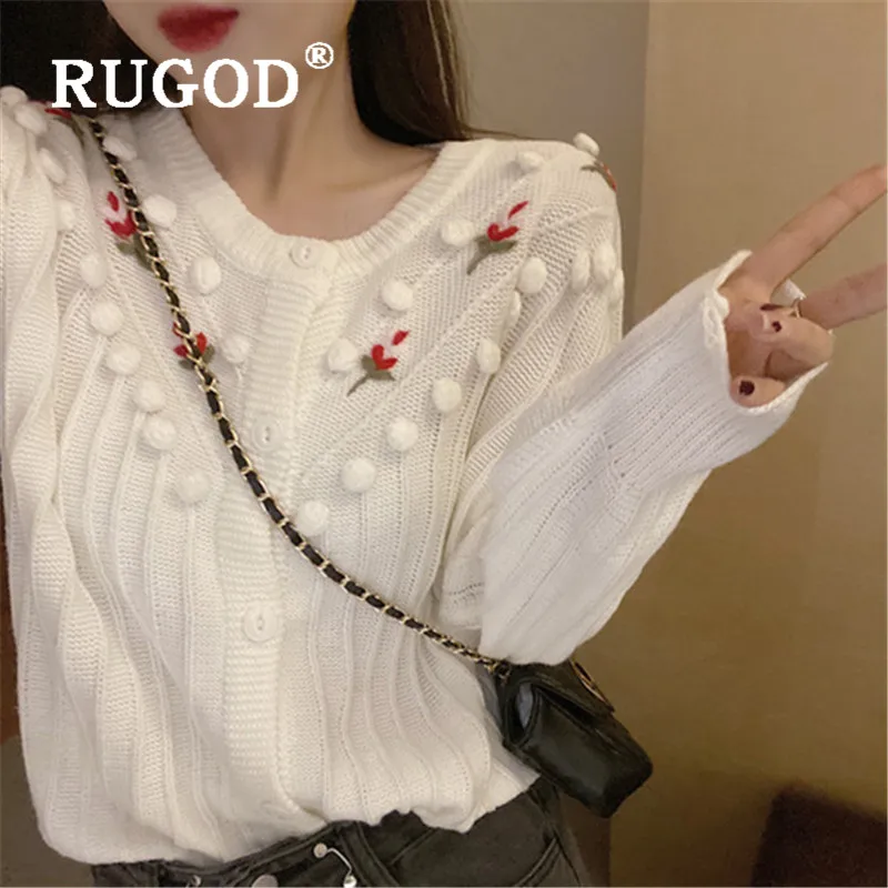 RUGOD корейский стиль длинный рукав вязаный кардиган с цветочной вышивкой свитер женская зимняя одежда женская осень