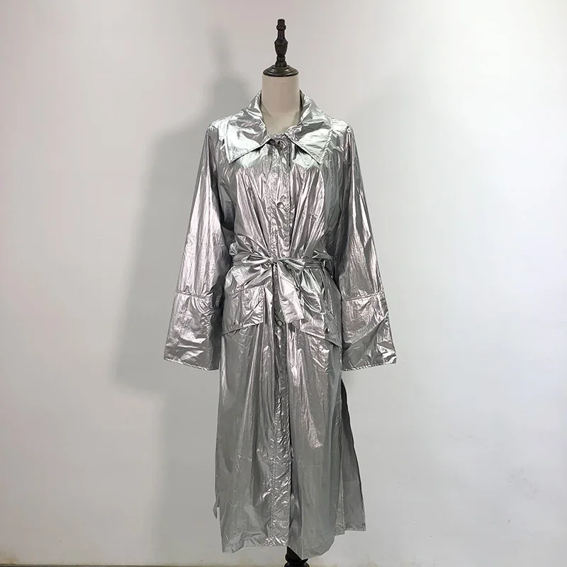 

2019 autumn new metal texture handsome windbreaker female large lapel split midi dress
