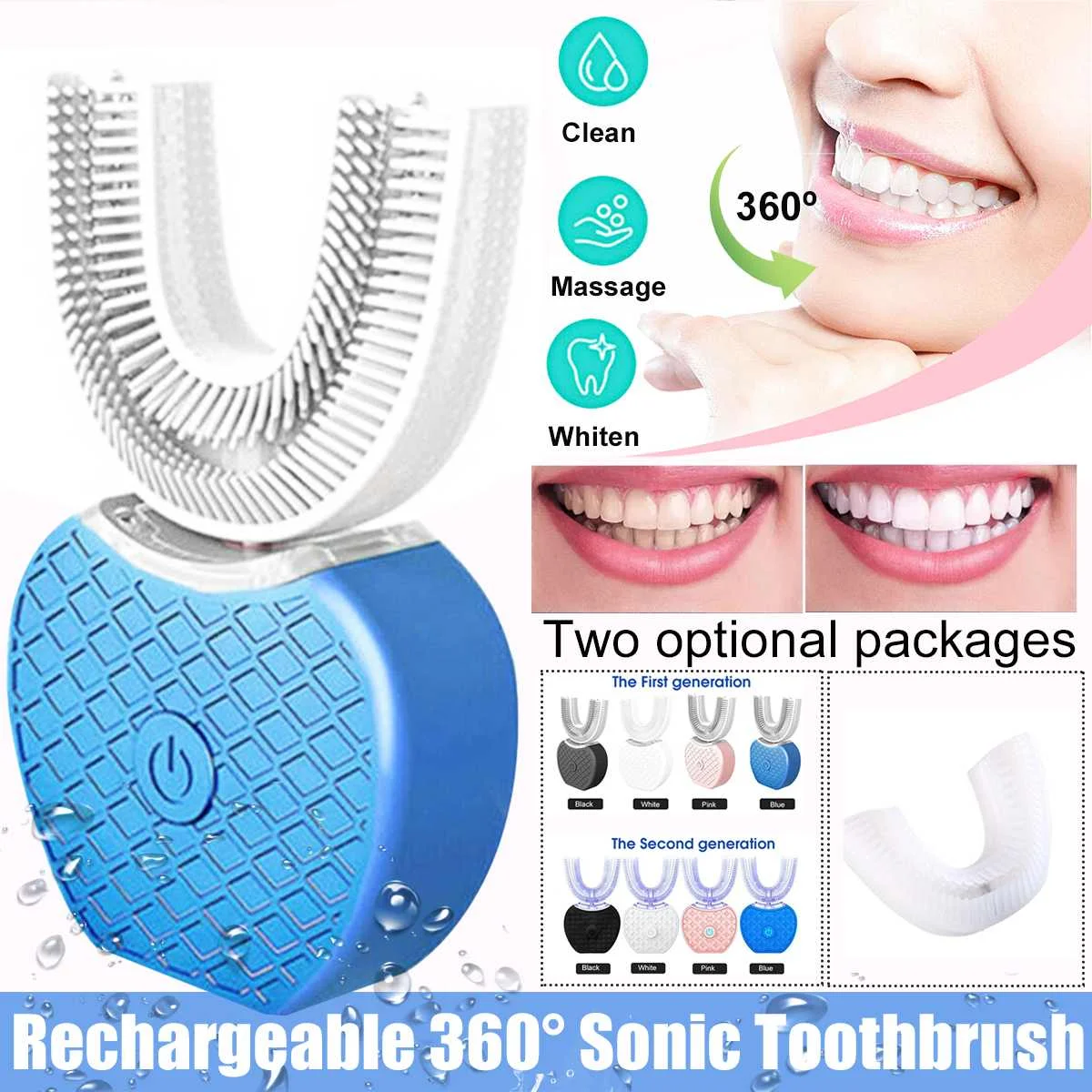360 Degrees Intelligent Automatic Sonic Electronic Toothbrush USB Rechargeable U Shape with 3 Modes Timer Blue Light Toothpaste