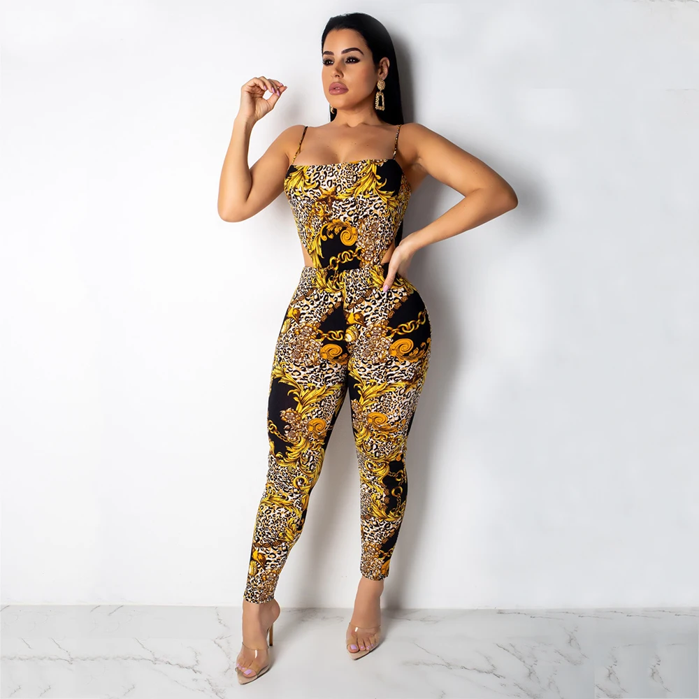 

Women Sexy Spaghetti Strap Colorized Leopard Chain Printed Bodycon Jumpsuits Full Length Skinny Party Rompers Outfits Plus Size