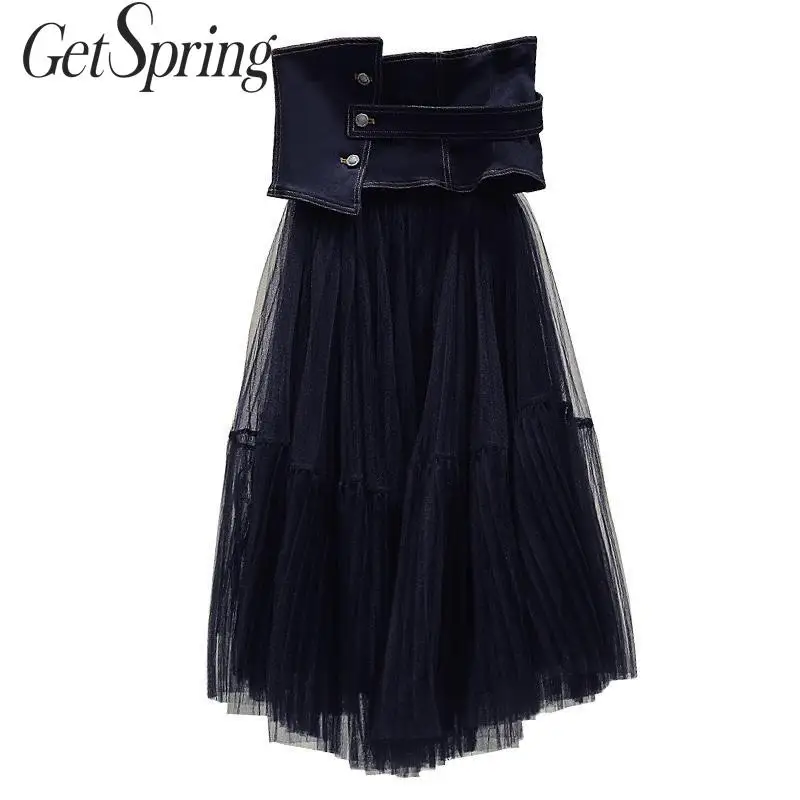 Getвесенняя женская джинсовая юбка в стиле пэчворк, сетчатая юбка с высокой талией, плиссированные длинные черные юбки, необычные сексуальные юбки, осень-весна