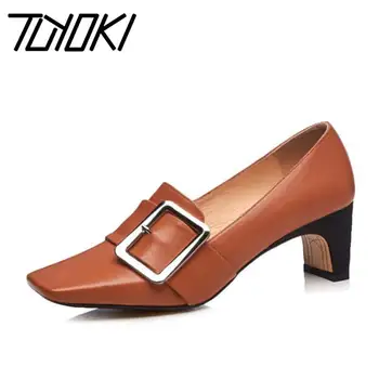 

Tuyoki Brand Women Pumps Genuine Leather Fashion Quality High Heels Shoes Women Vintage Square Toe Buckle Footwear Size 32-43
