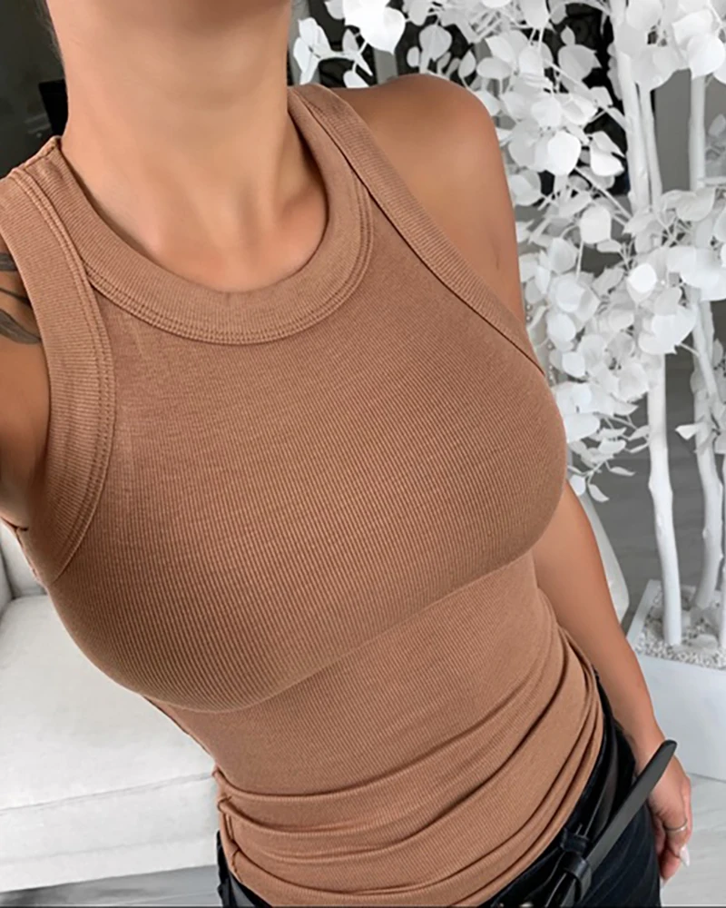 Women Solid Round Neck Ribbed Tank Top Camisole Women Summer Basic Elastic Tank Top O Neck Solid Tank Top Plus Size Women Solid Round Neck Ribbed Tank Top Camisole Women Summer Basic Elastic Tank Top O Neck Solid Tank Top Plus Size