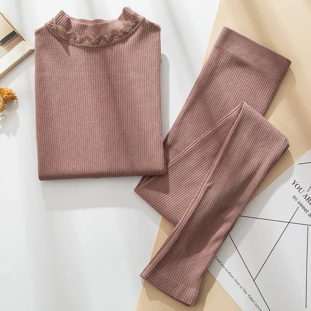 Solid Color Slim Women's Thermal Underwear Set Winter Turtleneck Cotton Long Johns Female Second Skin Thermo Clothing Pajamas
