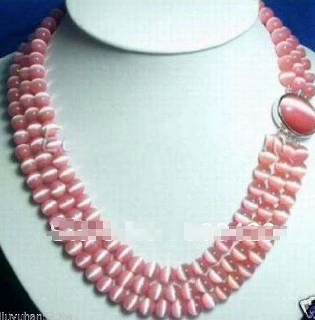 1008+++ 3 ряда 8 мм розовый опал шарик NECKLACE17-19"