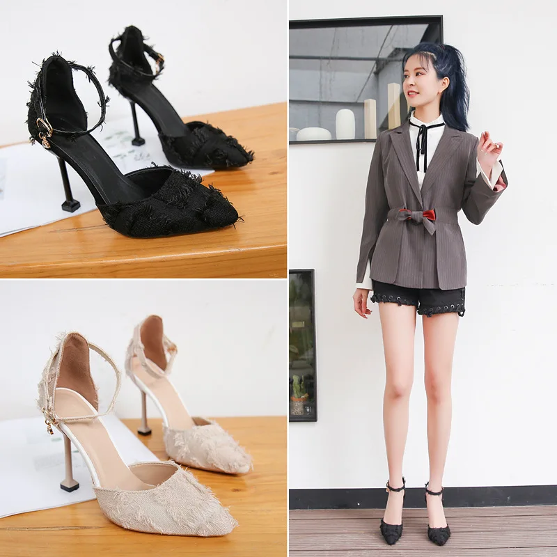 

2019 New Style Suede High Heel Shoes Women's Spring And Autumn Korean-style Versatile Shoes Thin Heeled Straight-line Buckle Hal