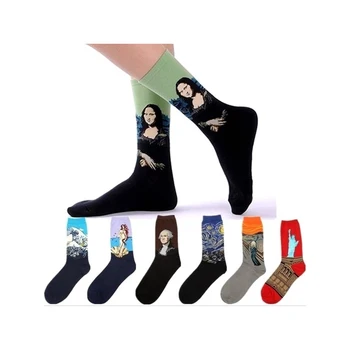 

1pair Men Oil Painting Socks Fashion Art Socks Funny Novelty Gogh Modern Renaissance pattern Casual Socks
