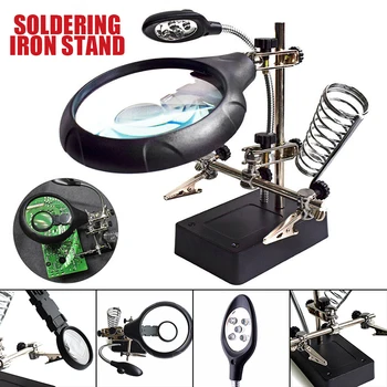 

LED Soldering Iron Stand Helping Hands 2.5X7.5X10X Magnifier Glass Clamp Holder Auxiliary Clip Magnifier Repair Tool Accessories