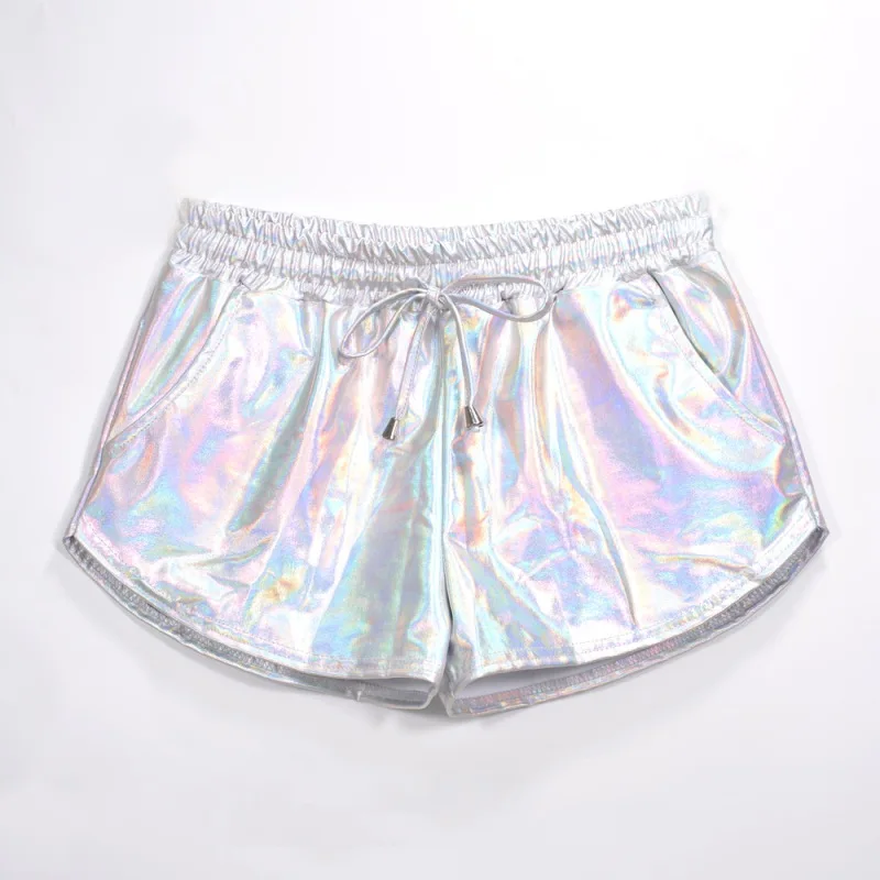 

Women Shiny Metallic Hot Shorts 2019 Summer Holographic Wet Look Casual Elastic Drawstring Festival Rave Booty Shorts