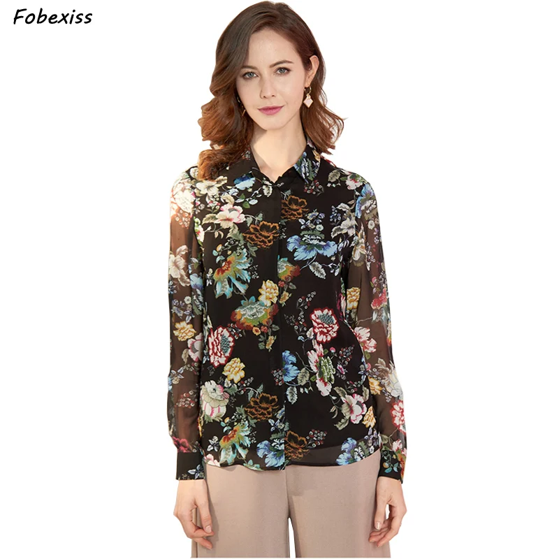 

100% Natural Silk Shirt Women Fall 2019 New Long Sleeve Buttoned Cardigan Elegant Chiffon Crepe Real Silk Blouses Office Wear
