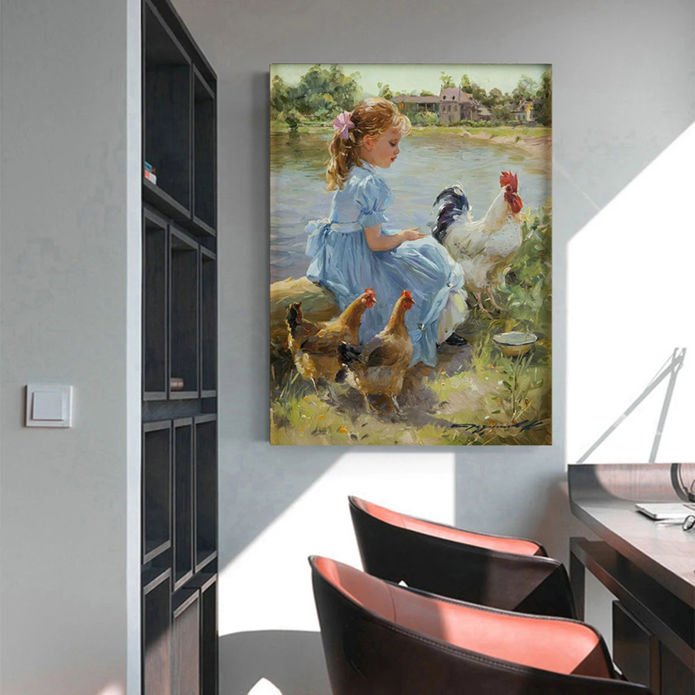 

Konstantin Razumov " little girl with chicken " Canvas Oil painting Art Poster Picture Modern Decor Home Living room Decoration