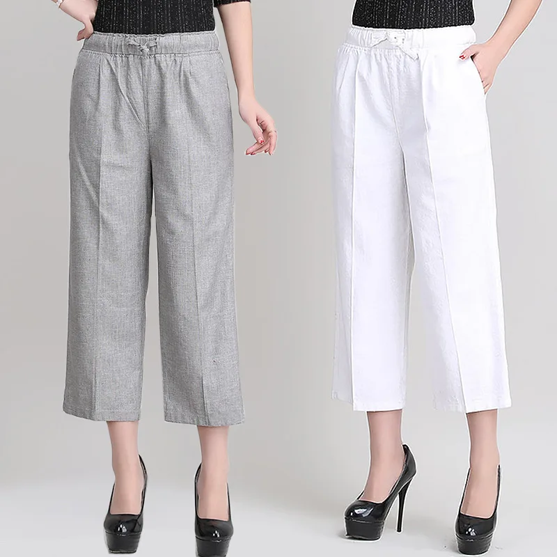 

Middle-aged WOMEN'S Apparels Summer Pants Women's Loose Pants Middle-aged Women Dress Cotton Linen Capri Pants Summer Wear WOMEN