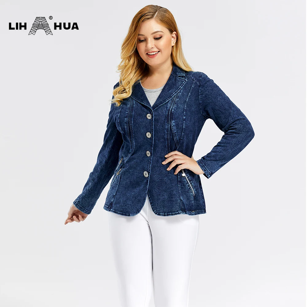 

LIH HUA Women's Plus Size Casual Denim Jacket high flexibility Slim Fit Denim Jacket Shoulder pads for clothing