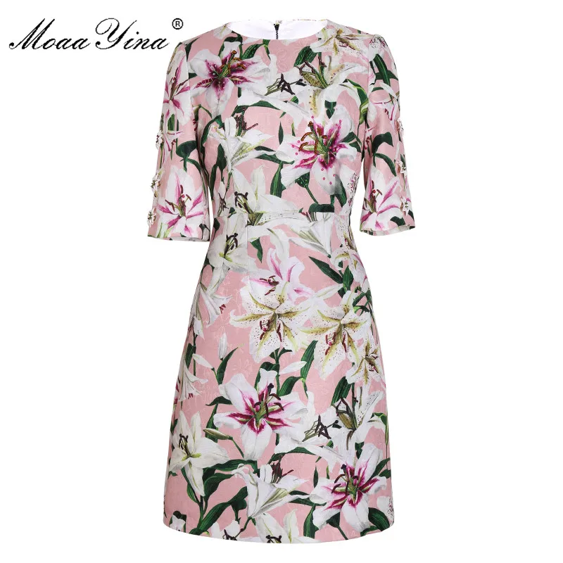 

MoaaYina Fashion Designer Runway dress Spring Summer Women Dress Beading Sequin lily Print Dresses