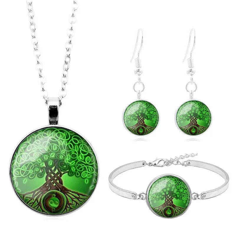 

New Products Celtic Tree of Life Time Stone Necklace Set Silver Bracelets Ear Stud Jewelry Set