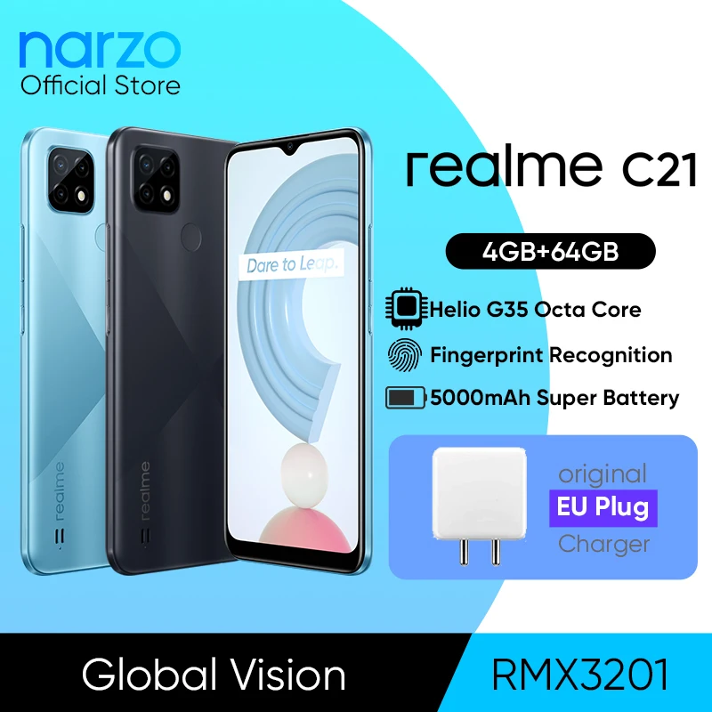 Realme-teléfono inteligente C21, versión Global, Helio G35, ocho núcleos, 64GB, pantalla de 6,5 pulgadas, batería de 5000mAh, ranura para 3 tarjetas