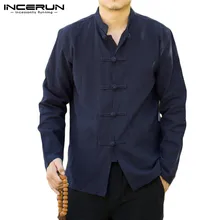INCERUN, винтажная китайская мужская рубашка, одноцветная, повседневная, на пуговицах, хлопок, стоячий воротник, уличная одежда, осенние Рубашки с длинным рукавом, мужские топы
