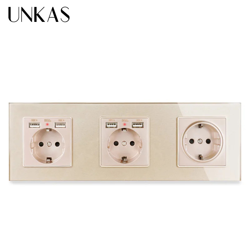 UNKAS 3 Gang настенная розетка стандарта ЕС с 2 USB портами для зарядки мобильный