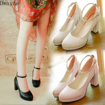 

2019 new high-heeled fashion wild women's shoes shallow mouth round head thick with leather shoes white black work shoes.