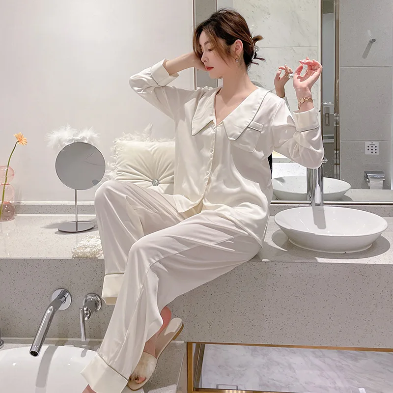 Ice Silk Pajamas Women's Spring And Autumn Silk Long Sleeve Two Piece Suit Cardigan French Collar Elegant Sleepwear