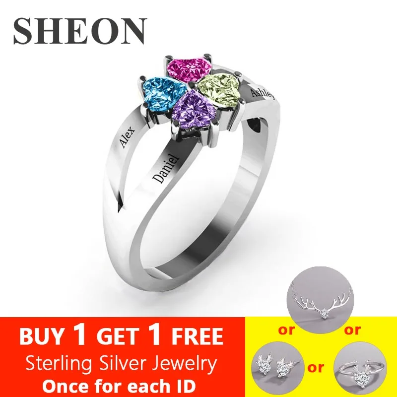

SHEON Genuine 925 Sterling Silver Personalized Engraved Mother's Love and Luck Birthstones Ring Sterling Sliver Jewelry Gift