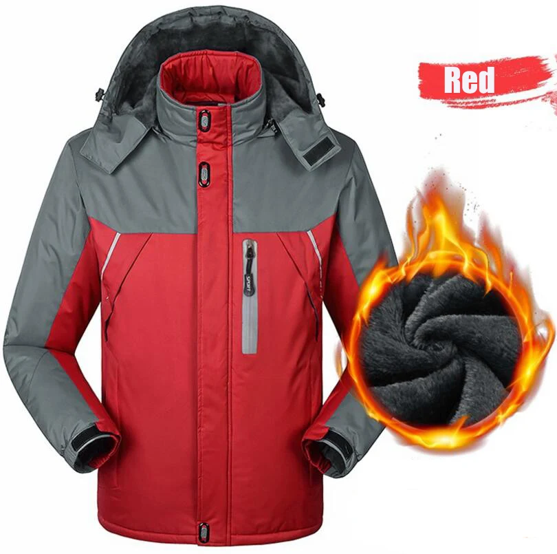 Плюс бархатные утепленные куртки мужские s на открытом воздухе водонепроницаемые ветровки с капюшоном толстые теплые парки мужские зимние альпинистские пальто - Цвет: Красный