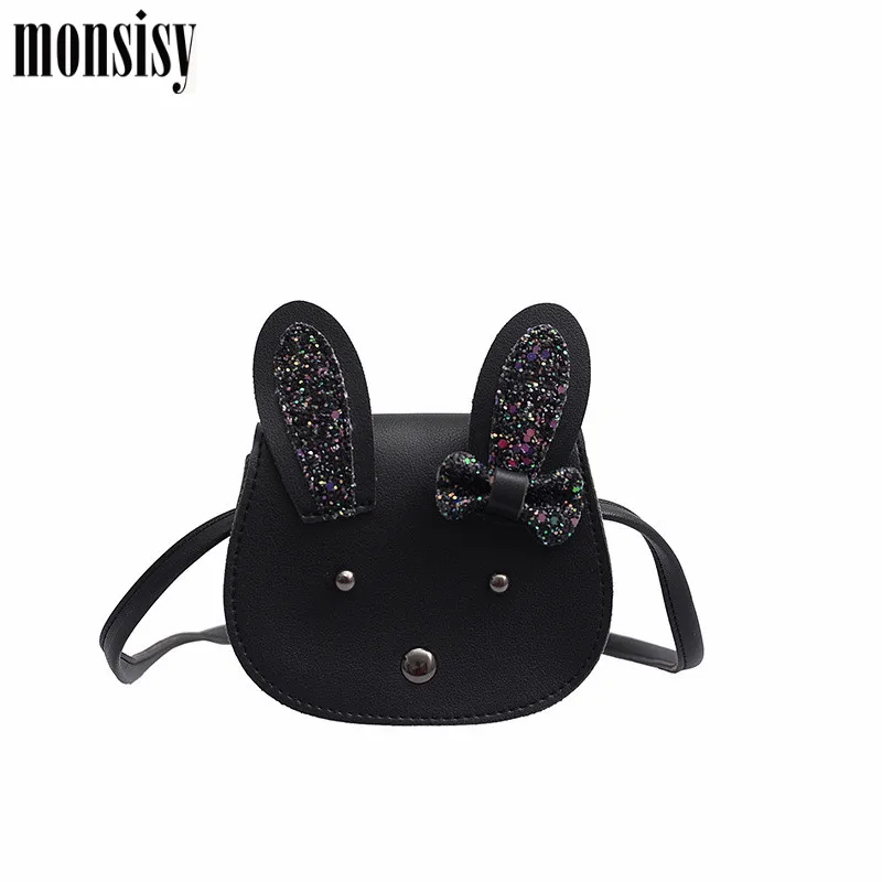 Monsisy/Новинка; Детский кошелек; Кошелек для монет и сумочка для девочек; сумка через плечо; Kawaii; блестящая сумка на плечо из искусственной кожи с кроликом; Bolsa - Цвет: black