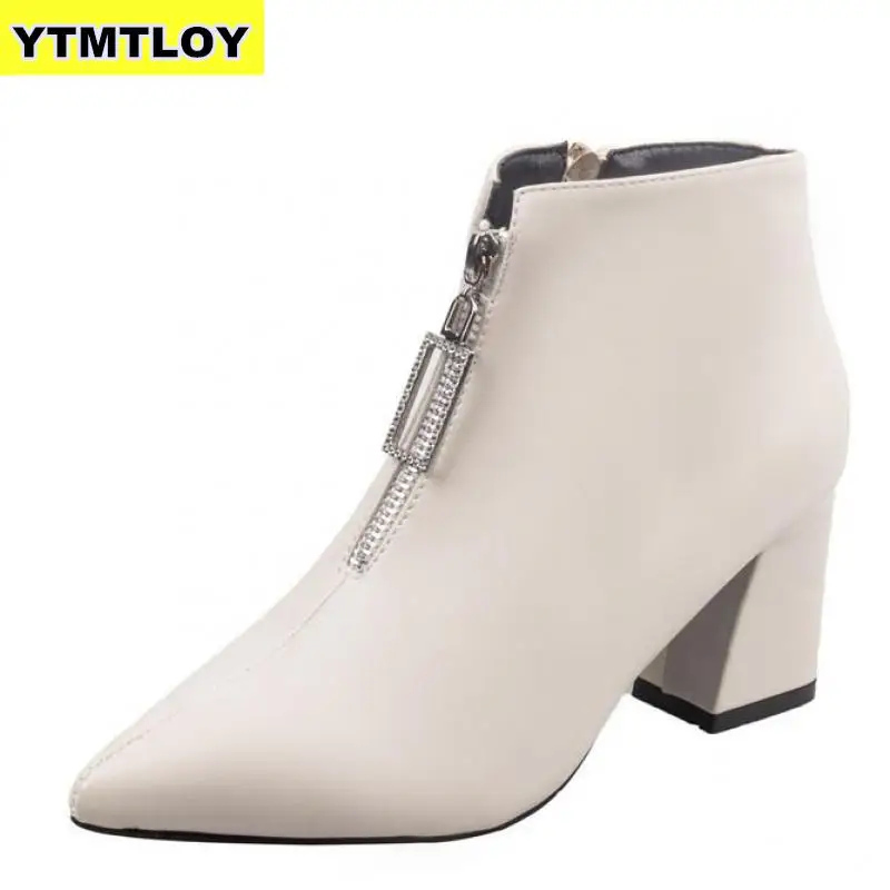 

Brand Zipper Boots Woman Front Big Open Botas Mid-Calf Botines Winter Thick High Heels Patent Leather Martin Booties 2019