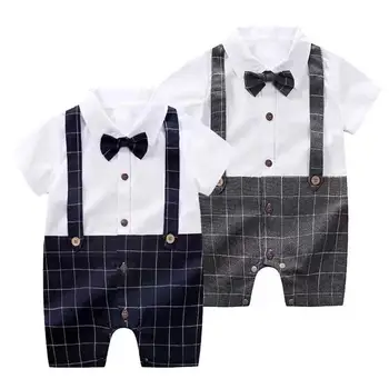 

baby boys romper summer infant short sleeve cotton jumpsuit gentalman bow tie onesie party wear