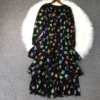 

Women Dress 2019 Silk Inlaid Gold Butterfly printing Ruffles Midi Dress