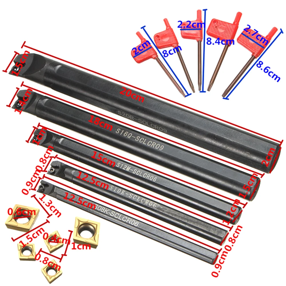 

Hot New CNC Lathe Turning Tool 5Pcs 7/10/12/16/20mm SCLCR09/SCLCRO6 Boring Bars + 5Pcs Carbide Inserts + 5Pcs Wrenches