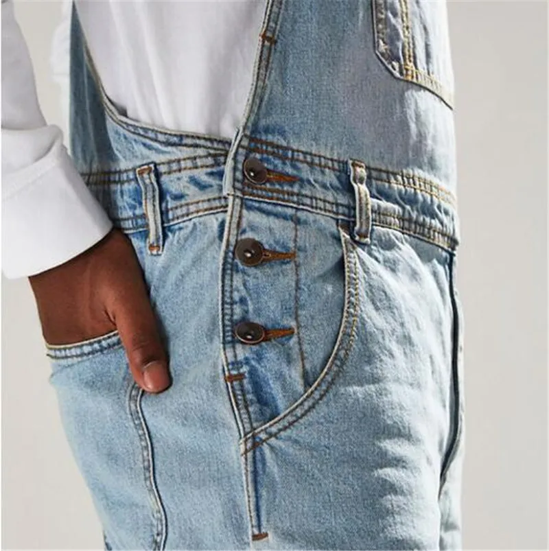 MORUANCLE Fashion Men's Hi Street Denim Bib Overalls Streetwear Jeans Jumpsuits For Man Washed Suspender Pants Size Washed Blue