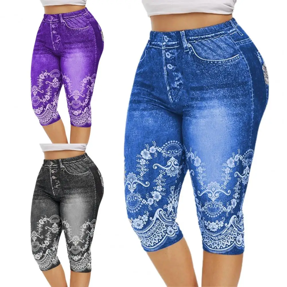 Lace Floral Printed False Denim Yoga 