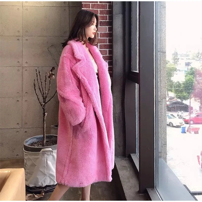 Однотонное Женское пальто из искусственного меха, розовое зимнее, элегантное кашемировое длинное женское пальто большого размера, плюшевое теплое пальто для женщин