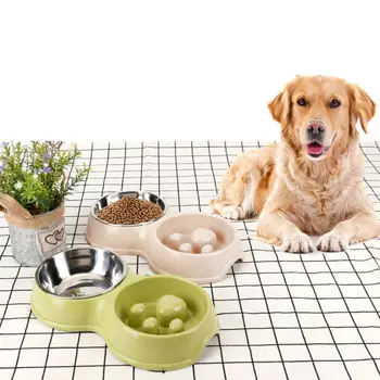 

Dog Pet Split Type Double Bowl Anti-feeding Slow Food Drinking Water Multi-purpose Non-slip Stainless Steel Bowls