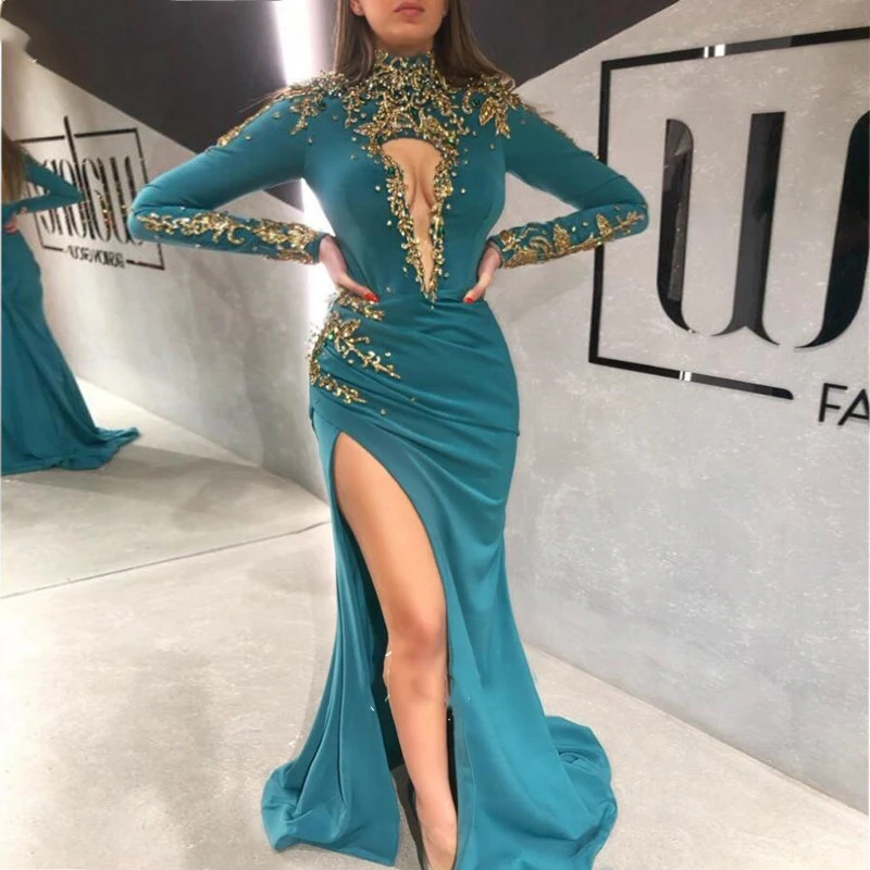 Turquoise-Long-Sleeves-Saudi-Arabic-Evening-Dress-High-Neck-Mermaid-Sexy-Slit-Prom-Gowns-Plus-Size