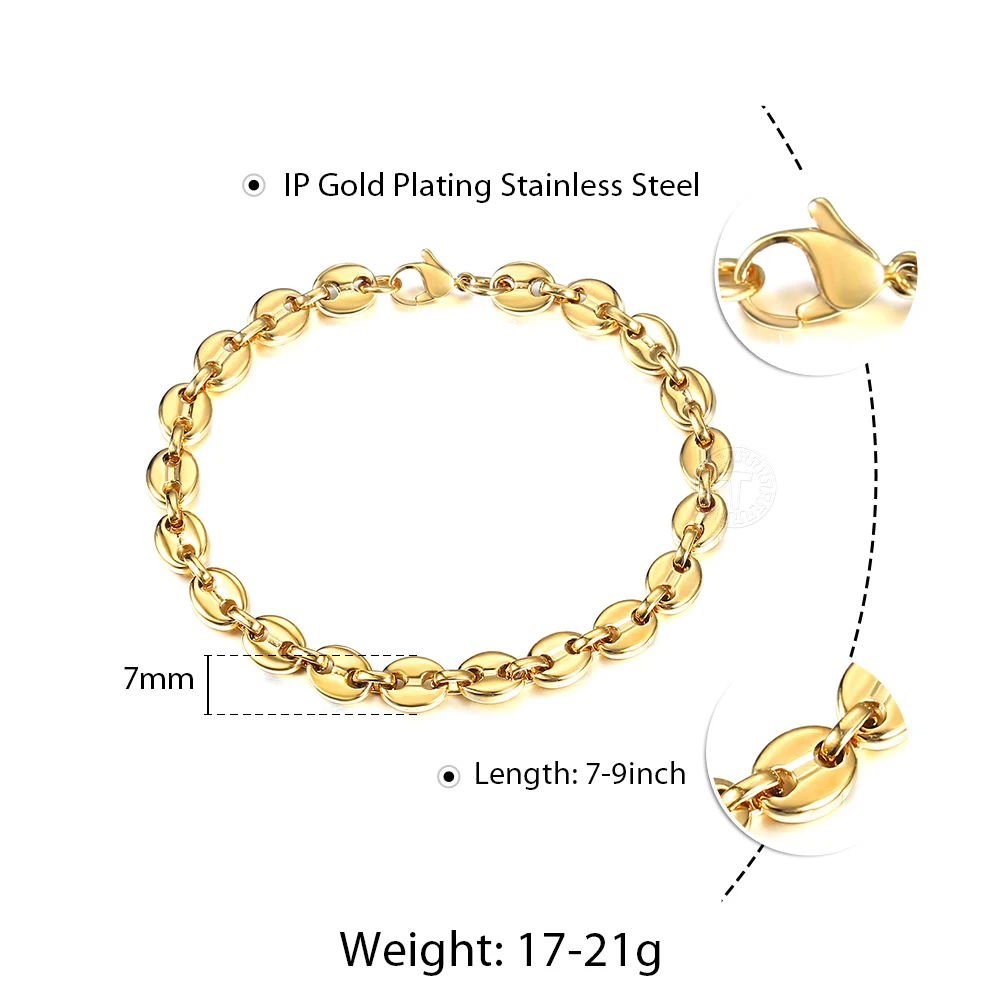 7/9/11mm Stainless Steel Coffee Beans Marina Link Chain Necklace Bracelet Set for Men Women Fashion Jewelry Set Gift KSM05