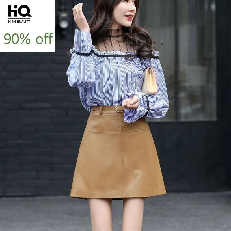 2020 Mode Elegante Dames Slim Fit Office Rok Vrouwen Hoge Taille Party Echt Leer Belted Een Lijn Mini Rokken Kaki zwart