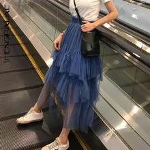 SHENGPALAE, синие женские юбки с высокой талией, свободные кружевные юбки с разрезом, осенняя корейская мода, женская плиссированная юбка FV083