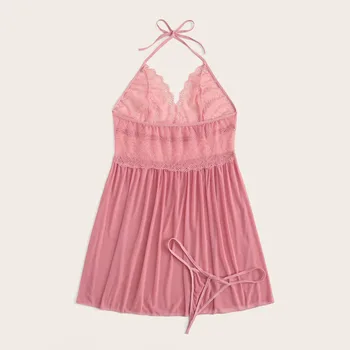 

Sexy Lace Halter Hanging Neck Lingerie Women Perspective Mesh Nightdress Plus Size 4XL
