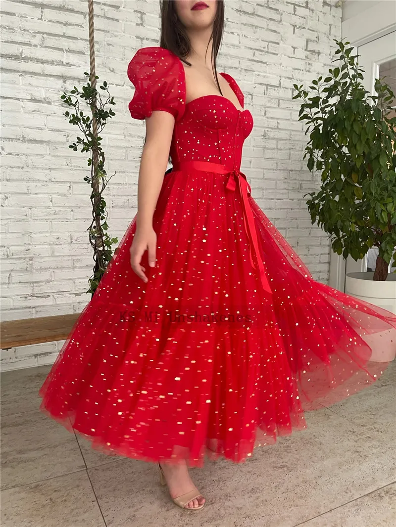 Red Prom Dresses Puffy Short Sleeves Tea Length Wedding Party Evening Gowns Glittered Stars Moons Tulle Bones Homecoming Dress black prom dress