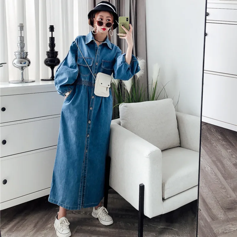 

DEAT Solid Color Lapel Long Sleeve Single-breasted Waist Woman Denim Dress Casual Simple Fashion 2019 Autumn Winter New TV233
