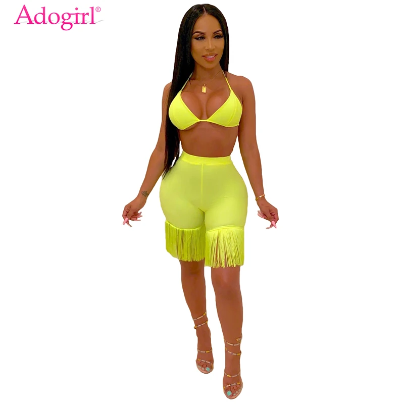 

Adogirl Women Fashion Sexy Two Piece Set Halter Bra Top + Tassel High Waist Shorts Night Club Party Suit Female Outfits S-XXL