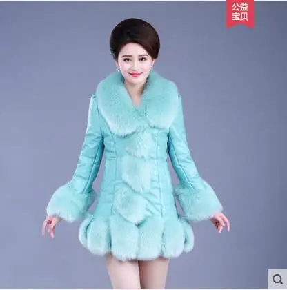 Light Blue 4XL Новинка зимы Для женщин кожаная куртка искусственный Лисий мех меховой воротник один из искусственной кожи, для придания стройности; большие размеры кожаная куртка Женский кожаная куртка - Цвет: Light Blue