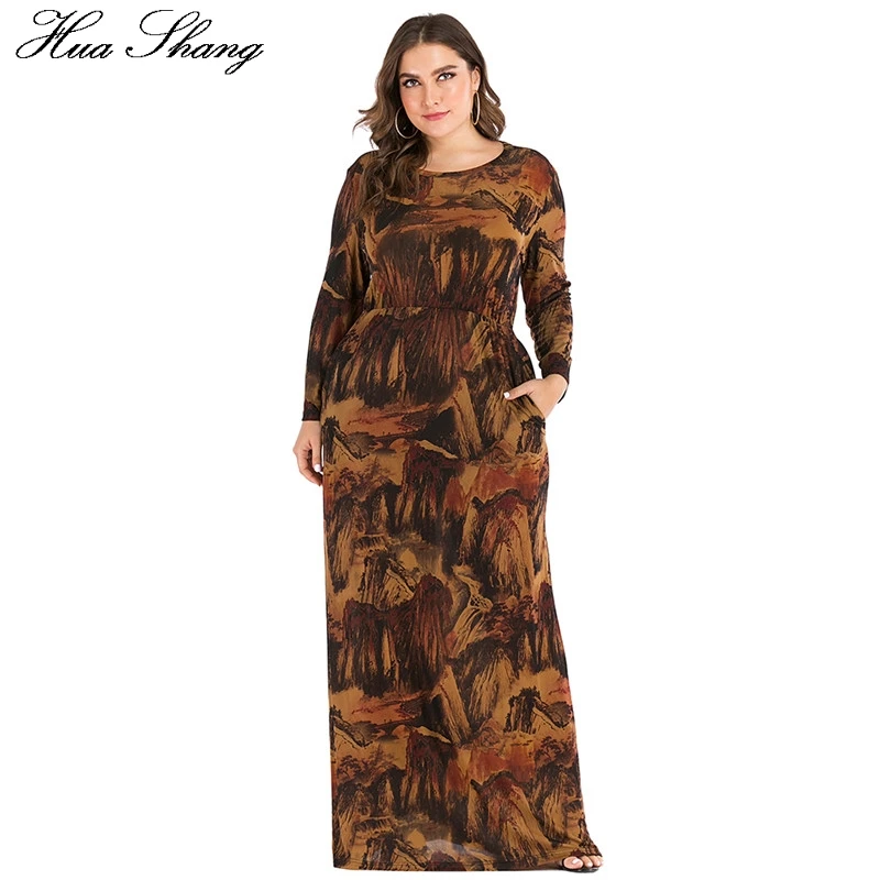6XL размера плюс Abayas мусульманское платье для женщин Осень Зима с длинным рукавом РЕТРО ПРИНТ Винтаж Макси Длинные платья Дубай Исламская одежда